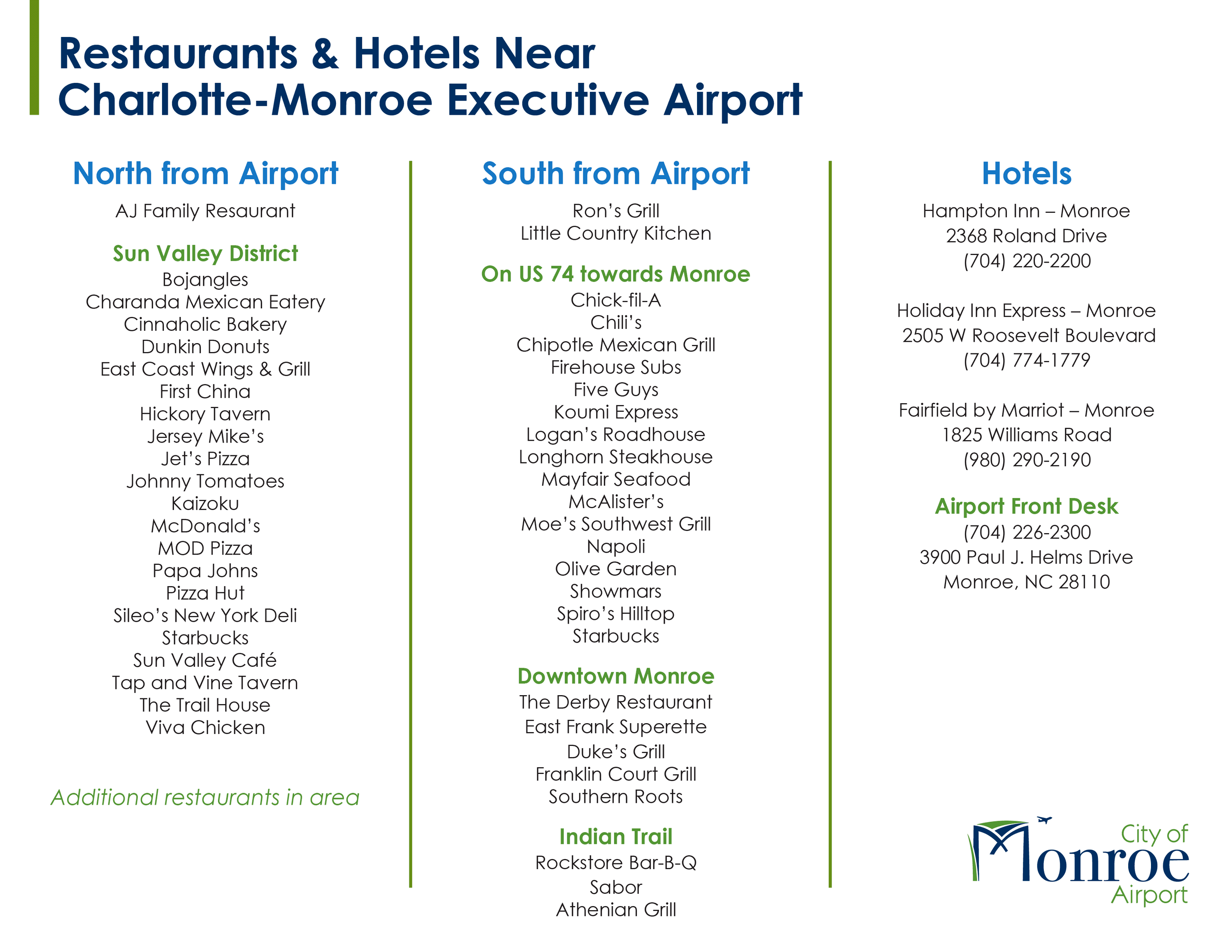 Restaurants and Hotels Around Charlotte Monroe Airport