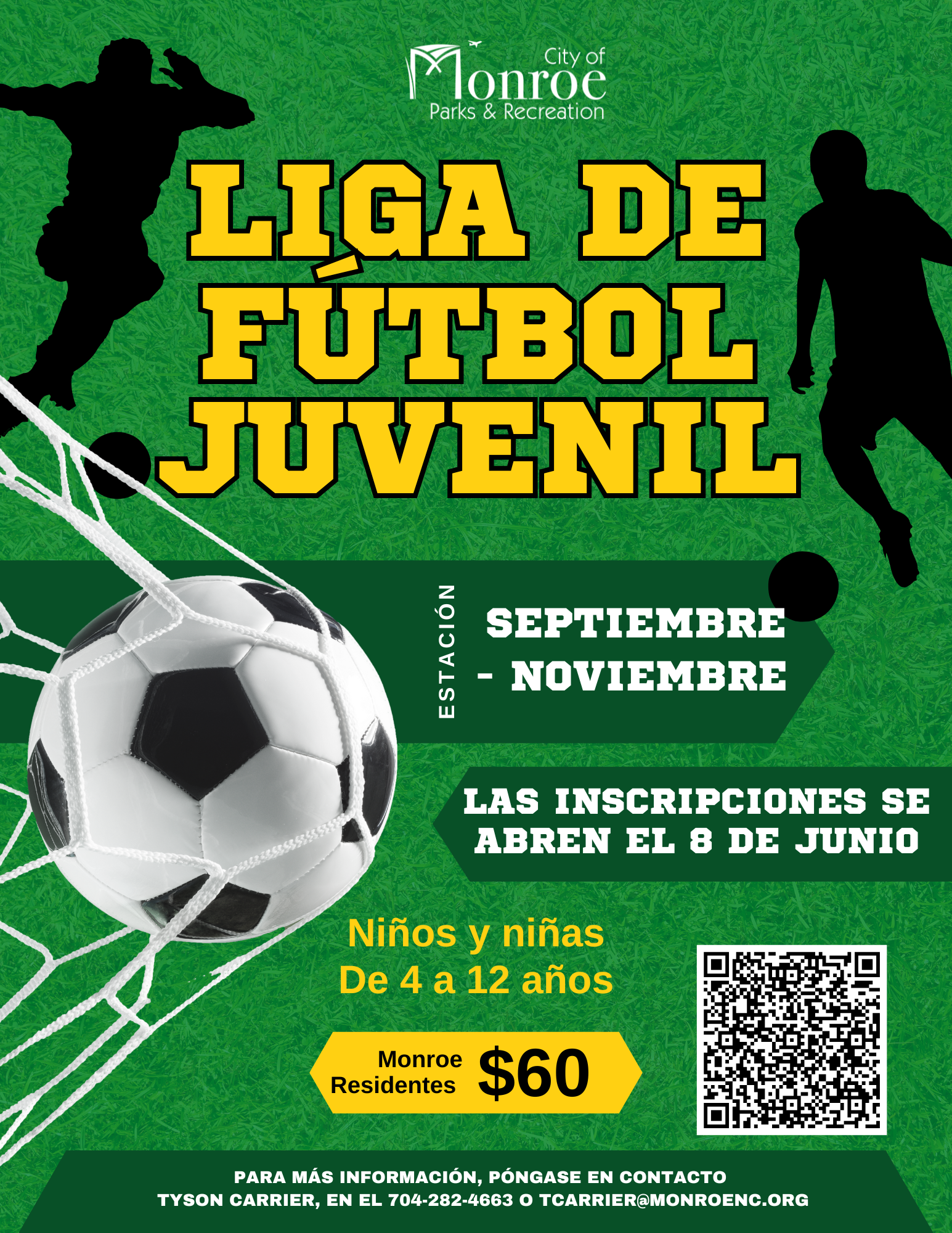 Registration for Monroe's Fall Youth Soccer League opens on June 8. Boys and girls ages 4 to 12.