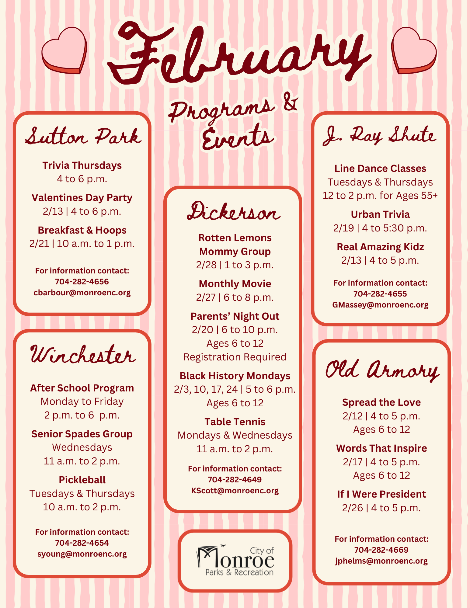 February programming at Monroe's community centers. See the calendar for more information.